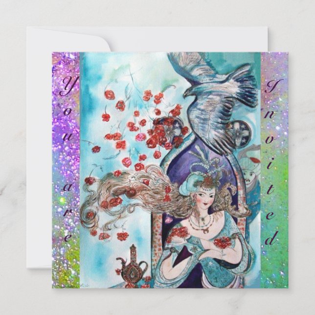 Convite CONTO POPULAR TURCO ,brilho vermelho azul roxo (Frente)