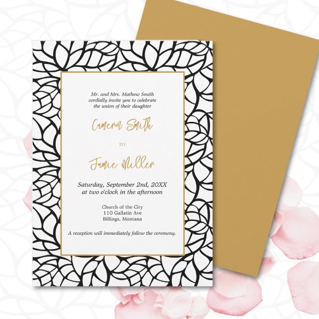 Convite Contorno de Folhagem Negra Aztec Destaques Dourado (Black Foliage Outline Aztec Gold Accents Wedding Invitation)