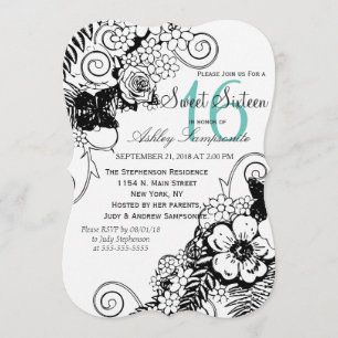 Convite Contorno Floral bonito Preto e Branco