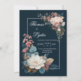 Convite Contraste Opulento Floral Rosa Azul Meia-Noite Cas