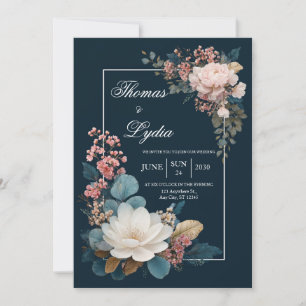 Convite Contraste Opulento Floral Rosa Azul Meia-Noite Cas