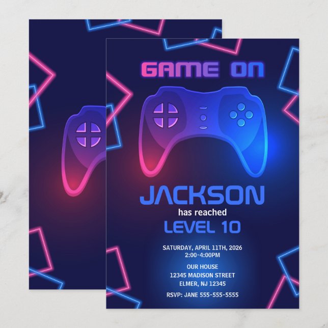 Convite Controlador de Jogo Aniversário de Adolescente Vid (Frente/Verso)