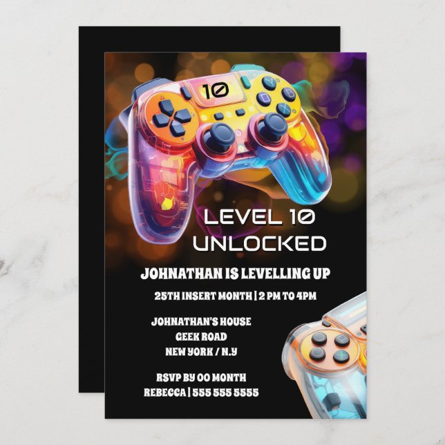 Convite Controladora de jogos - festa do néon preto alaran (Frente/Verso)