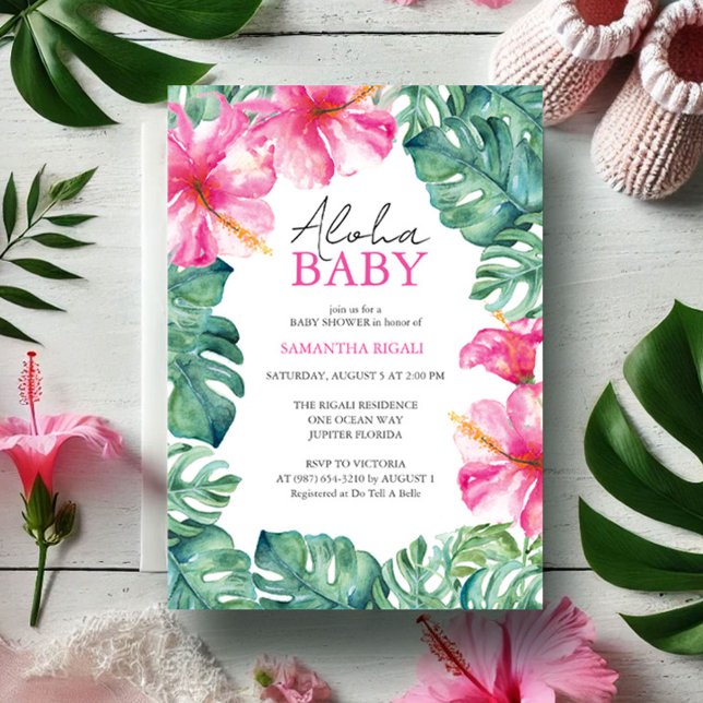 Convite Conversas de Bebês Tropicais Aloha (Baby shower invitations feature tropical pink flowers & monstera palm leaf art Victoria Grigaliunas)