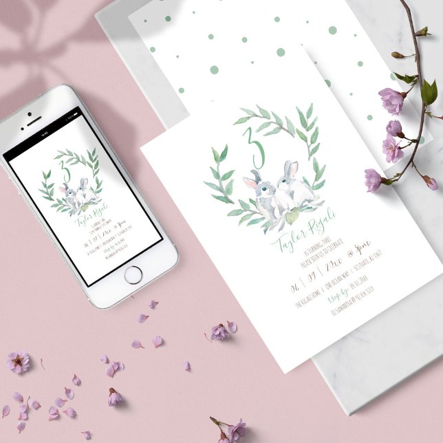 Convite Convidações de aniversário de Bunny Bunny Online (kids birthday party invitation gender neutral bunny watercolor art by Victoria Grigaliunas)