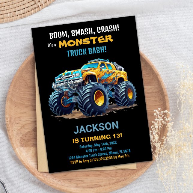 Convite Convidações de aniversário de caminhões monstros A (Monster Truck Birthday Invitations Yellow Black)