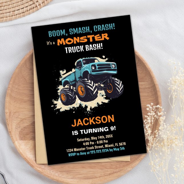 Convite Convidações de aniversário de caminhões monstros P (Monster Truck Birthday Invitations Black)