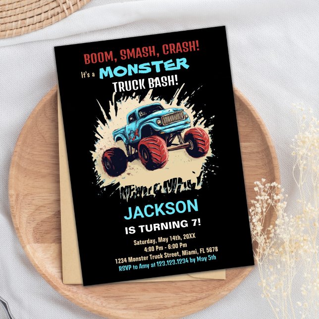 Convite Convidações de aniversário de caminhões monstros P (Monster Truck Birthday Invitations Black)