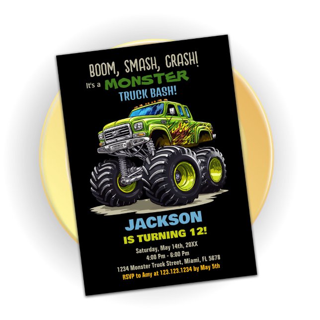 Convite Convidações de Aniversário do Caminhão Negro Verde (Green Black Monster Truck Birthday Invitations)