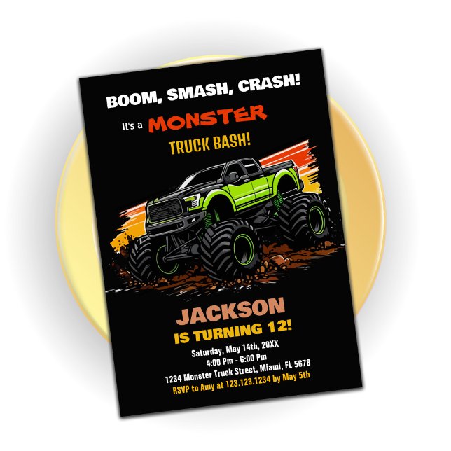 Convite Convidações de Aniversário do Monstro Verde - Pret (Green Monster Truck Birthday Invitations Black)