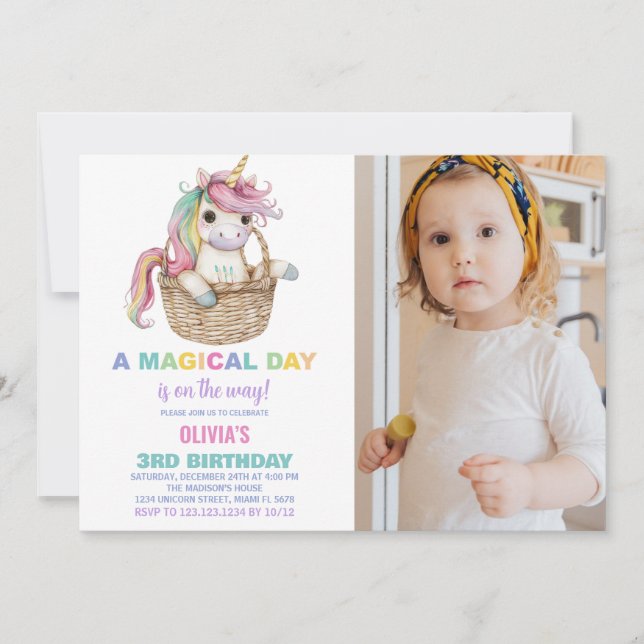 Convite Convidações de aniversário do Unicorn com foto (Frente)