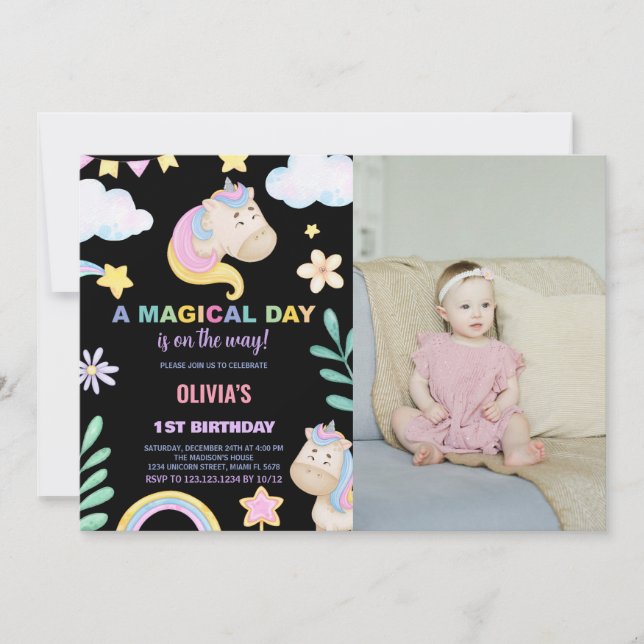 Convite Convidações de aniversário do Unicorn com foto (Frente)