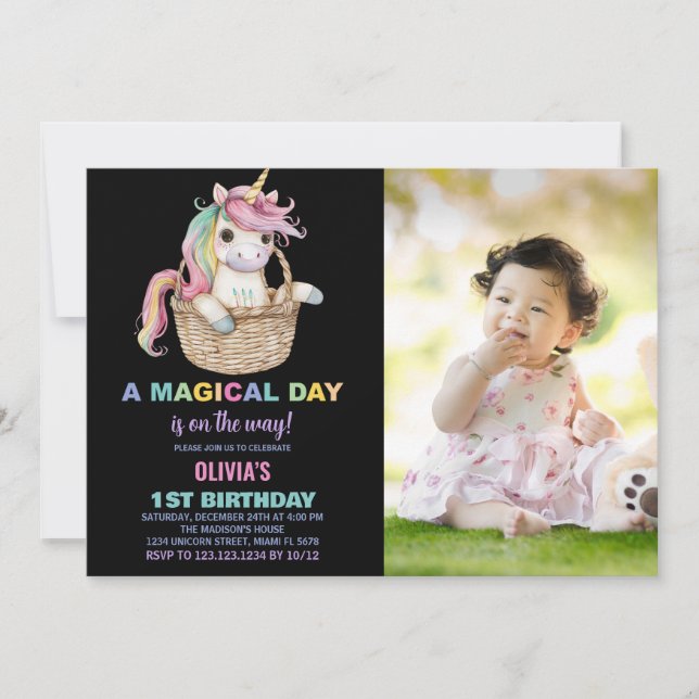 Convite Convidações de aniversário do Unicorn com foto (Frente)