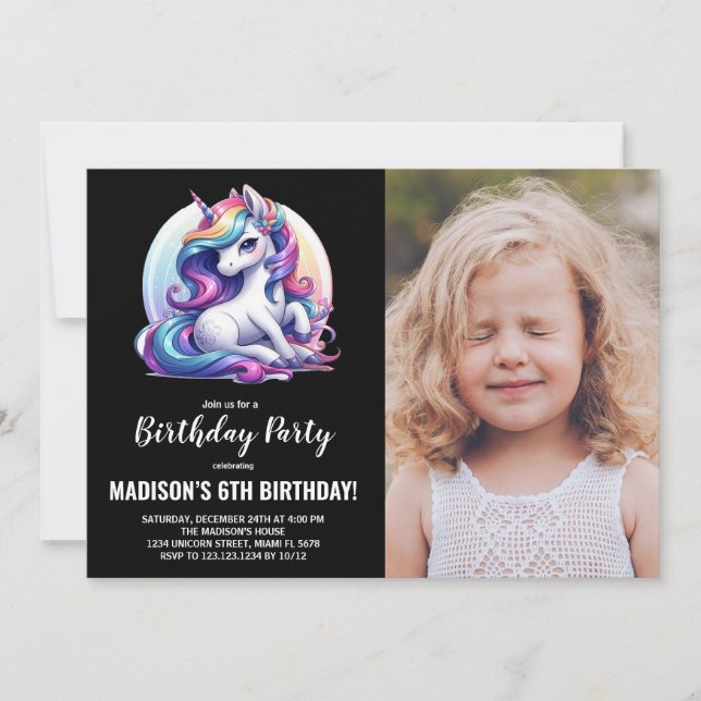 Convite Convidações de aniversário do Unicorn com foto (Frente)