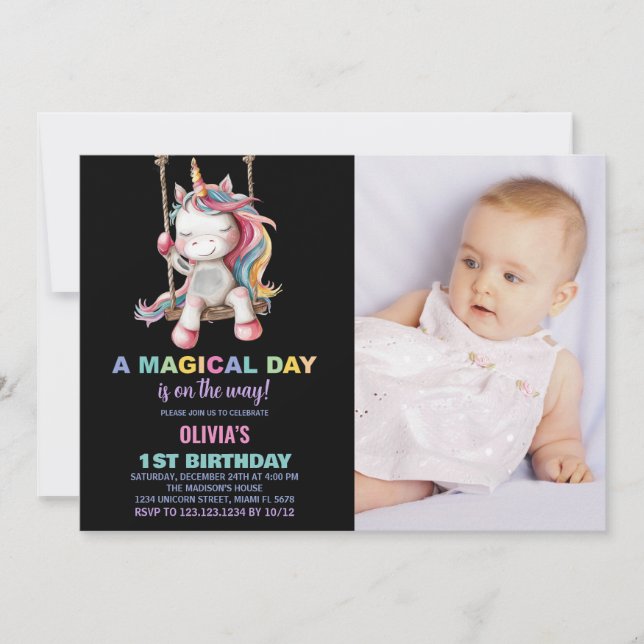 Convite Convidações de aniversário do Unicorn com foto (Frente)