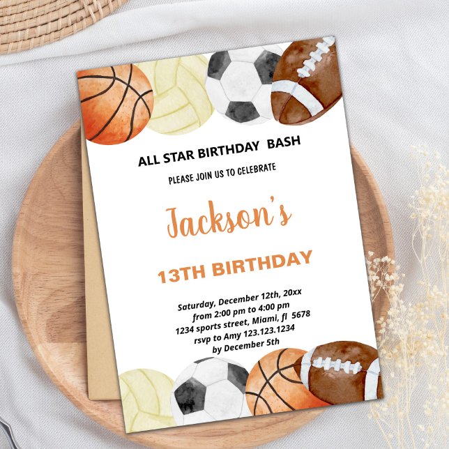 Convite Convidações de Aniversário para Desportivos de Aqu (Watercolor Sports Birthday Invitations)