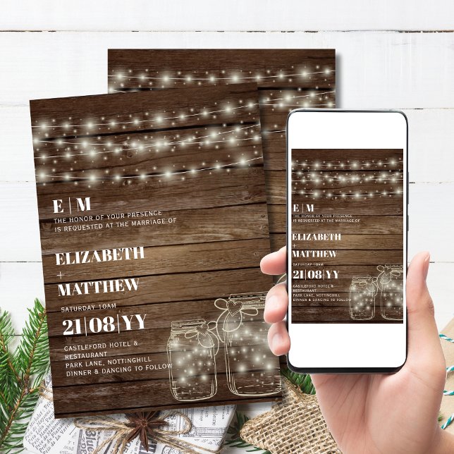 Convite Convidações de Casamento Russo Luzes Mason Jars (Printed or Digital! Print at home and save on shipping and speed!)