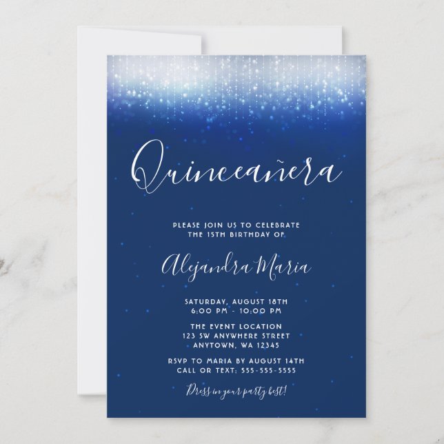 Convite Convidações de Quinceanera Azul com Marinho Glam (Frente)