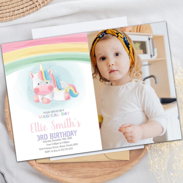 Convite Convidações de Unicórn de Aquarela com foto (Watercolor Unicorn Invitations with photo)