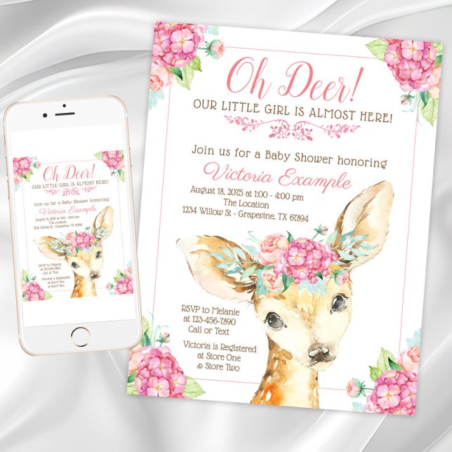 Convite Convidações para Chá de garotinha (Cute deer baby shower invitation. Instant download and printed invitations available.)
