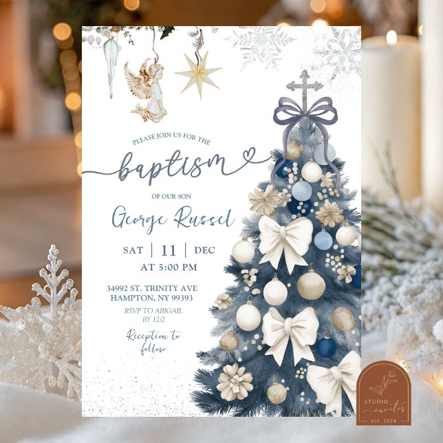 Convite Convidada de Inverno Azul com Laço de Natal Batism (Criador carregado)