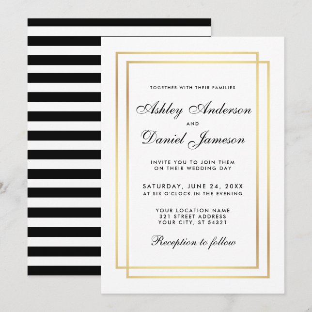 Convite Convidado Branco Negra Negra Elegante Casado Moder (Frente/Verso)