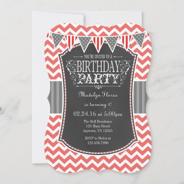 Convite Convidado Coral Chalkboard Chevron Birthday (Frente)