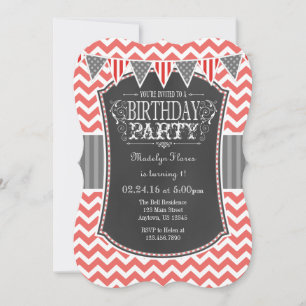 Convite Convidado Coral Chalkboard Chevron Birthday