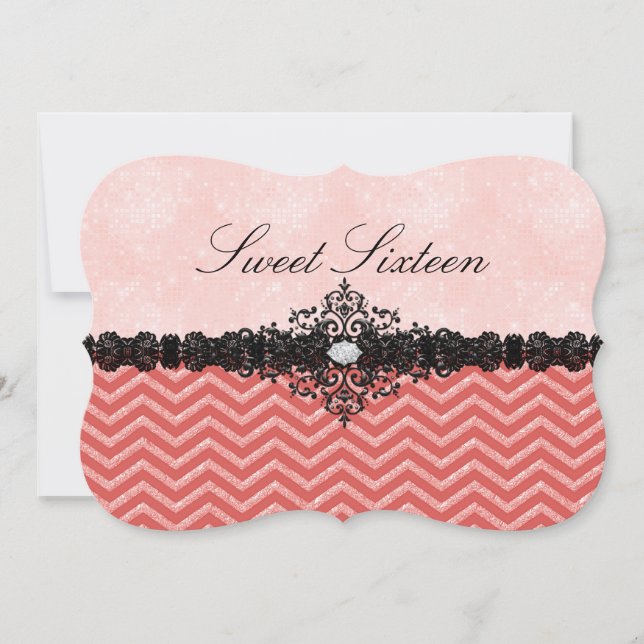 Convite Convidado Coral Glitter Chevron & Damask Sweet16 (Frente)