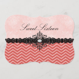 Convite Convidado Coral Glitter Chevron & Damask Sweet16