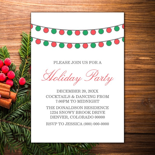 Convite Convidado da Festa das Luzes Vermelhas de Férias V (Red and Green Holiday String Lights Christmas Party Invite)