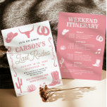 Convite Convidado da última vaqueira rodeia rosa-blush<br><div class="desc">Este Itinerário da última Bachelorette Cowgirl do Rodeio, cor-de-rosa-rosa, apresenta um desenho desenhado à mão com ilustrações desenhadas à mão, juntamente com uma fonte ocidental! Você tem liberdade para criar algo único! Edite facilmente o texto e as cores para corresponder ao seu estilo! As cores de texto e de fundo...</div>