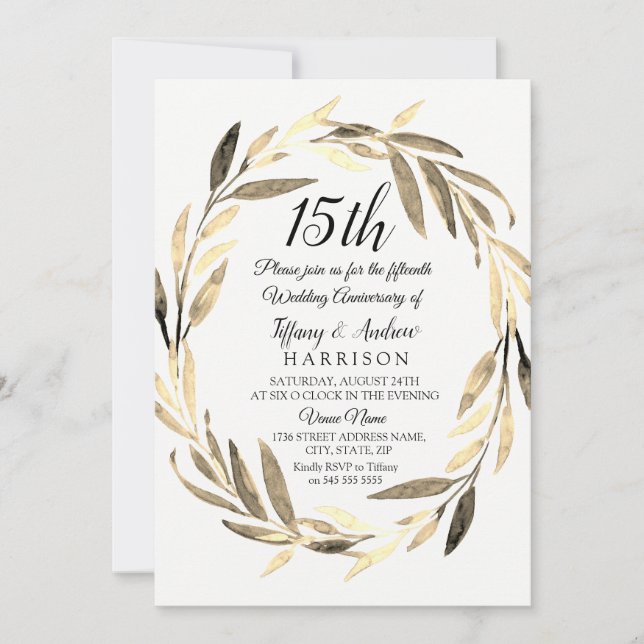 Convite Convidado de 15 de Casamento do ouro Leaf Wreath (Frente)