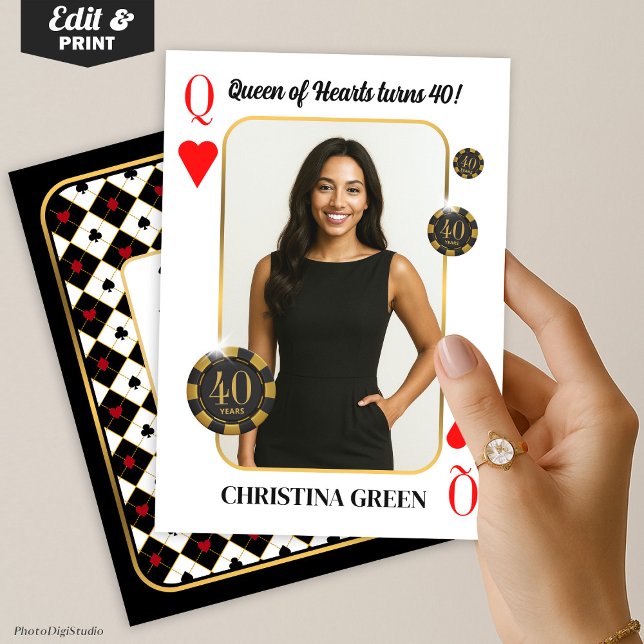 Convite Convidado de aniversário da Rainha dos Corações Pe (Custom Queen of Hearts Birthday Invite with Photo, Casino Invitation)