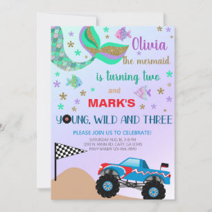 Convite Convidado de aniversário da sereia e monstro.
