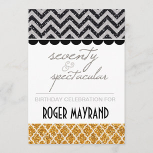 Convite Convidado de aniversário de 70 Dourado, preto bri