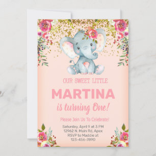 Convite Convidado de aniversário de elefante rosa e flores