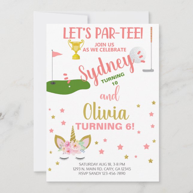 Convite Convidado de aniversário de golfe e unicórnio. (Frente)