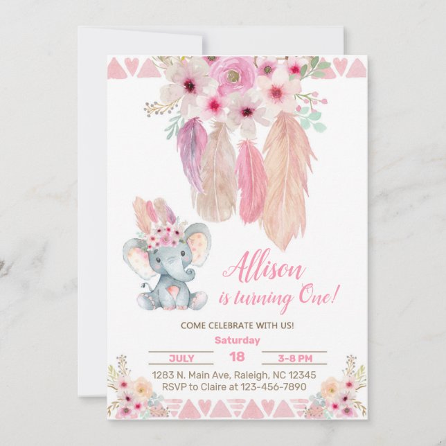 Convite Convidado de aniversário de uma garota elefante e  (Frente)