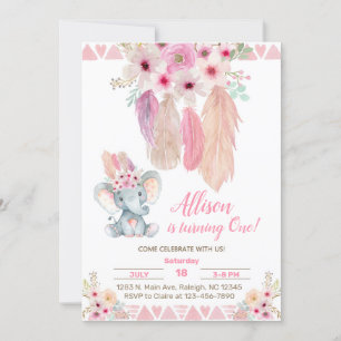 Convite Convidado de aniversário de uma garota elefante e 