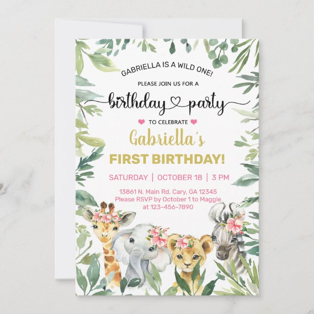 Convite Convidado de aniversário de uma menina de animais  (Frente)