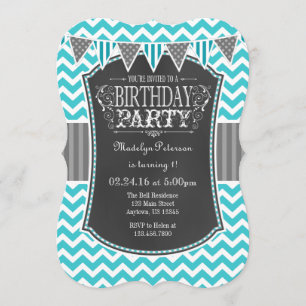 Convite Convidado de aniversário do Chalkboard Chevron Tur