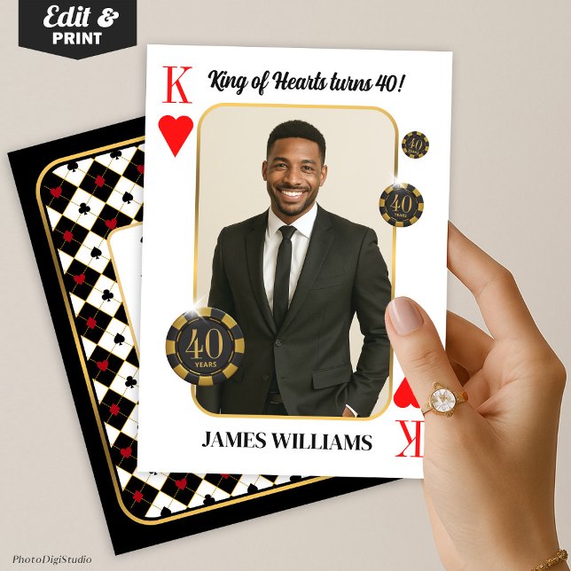 Convite Convidado de Aniversário do Rei Personalizado dos  (Custom King of Hearts Birthday Invite with Photo, Casino Invitation )