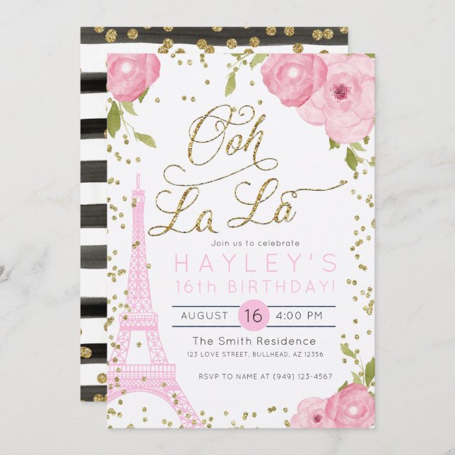 Convite Convidado de aniversário Dourado Pink Torre Eiffel (Frente/Verso)