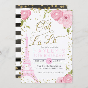Convite Convidado de aniversário Dourado Pink Torre Eiffel