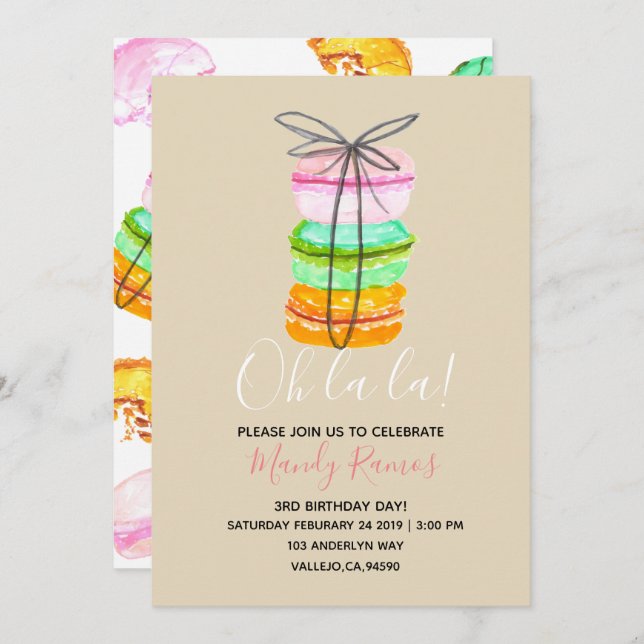 Convite Convidado de aniversário francês para macaron cast (Frente/Verso)