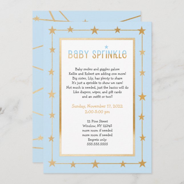 Convite Convidado de aspersor de bebê das estrelas Dourada (Frente/Verso)