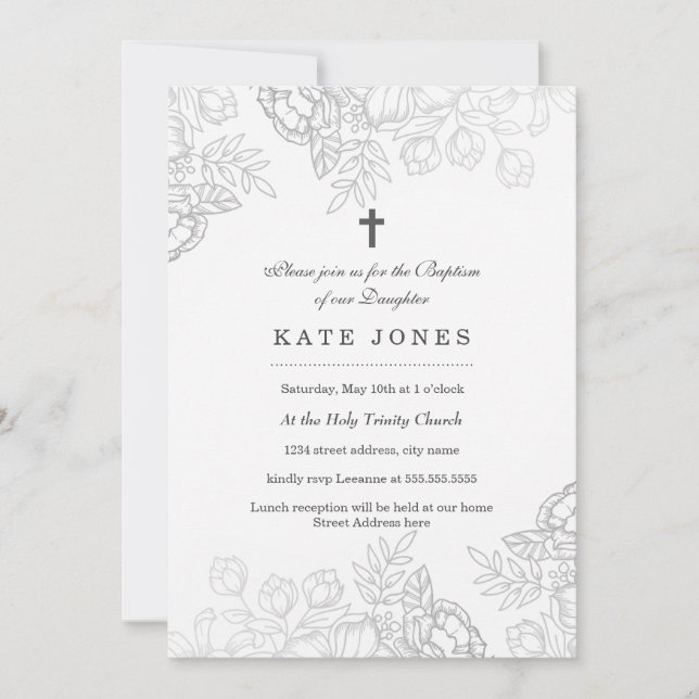 Convite Convidado de Batismo Floral de Silver Vintage Eleg (Frente)