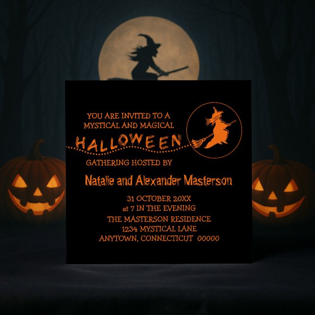 Convite Convidado de bruxas voadoras, preto e laranja (Black and Orange Flying Witch Halloween Party Invite)