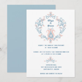Convite Convidado de Casamento Azul e Blush de Arte Folcló